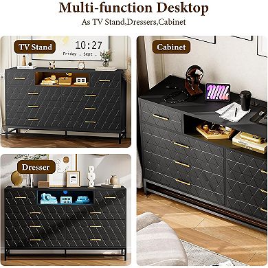 55 Inch 8 Drawer Dresser RGB Lights Power Outlets Gold Knobs AntiTilt Deep Drawers TV Stand