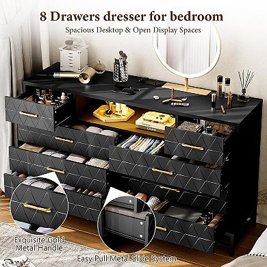 55 Inch 8 Drawer Dresser RGB Lights Power Outlets Gold Knobs AntiTilt Deep Drawers TV Stand
