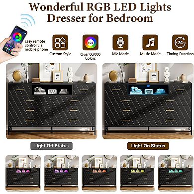 55 Inch 8 Drawer Dresser RGB Lights Power Outlets Gold Knobs AntiTilt Deep Drawers TV Stand