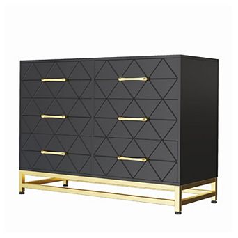 Modern 6 Drawer Dresser Gold Metal Base Handles AntiTip Safety for Bedroom Living Room