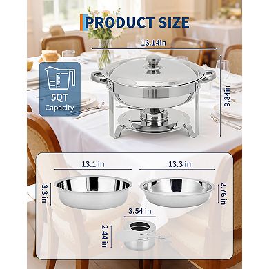 2 Pack Chafing Dishes for Buffet, 5 QT Round Buffet Servers and Food Warmer Set with Lid, Silver