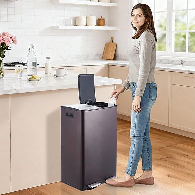 16 Gal Dual Trash Can, Stainless Steel Kitchen Garbage Can with 2 Lids and 2 Inner Buckets