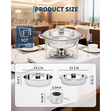 2 Pack Chafing Dishes Set, 5 QT Round Buffet Servers and Food Warmer Set with Glass Lid, Holder