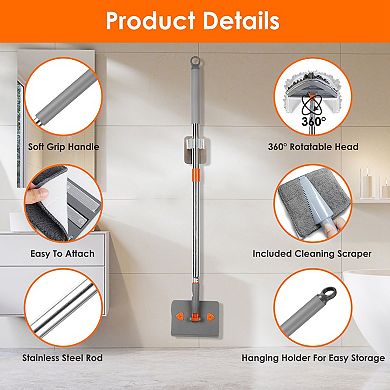 2-in-1 Baseboard & Wall Cleaner Mop with Squeegee, Extendable Handle, 8 Reusable Chenille Pads, 360°