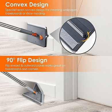2-in-1 Baseboard & Wall Cleaner Mop with Squeegee, Extendable Handle, 8 Reusable Chenille Pads, 360°