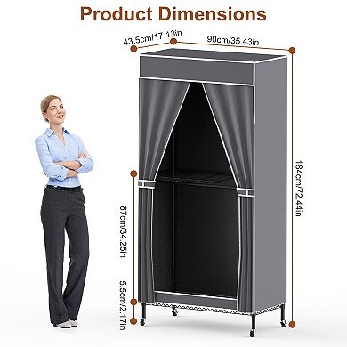 2-Tier Portable Clothing Rack with Cover, 2 Rods, 2 Hooks, 4 Wheels Wardrobe Closet