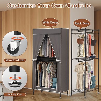 2-Tier Portable Clothing Rack with Cover, 2 Rods, 2 Hooks, 4 Wheels Wardrobe Closet