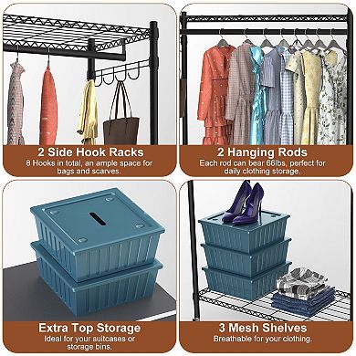 2-Tier Portable Clothing Rack with Cover, 2 Rods, 2 Hooks, 4 Wheels Wardrobe Closet