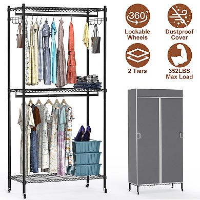 2-Tier Portable Clothing Rack with Cover, 2 Rods, 2 Hooks, 4 Wheels Wardrobe Closet