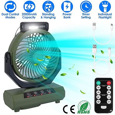 20000mAh Camping Fan with Flashlight, Rechargeable Oscillating Tent Fan & Power Bank with Remote & T