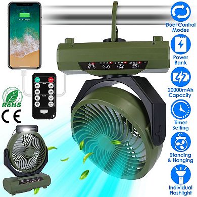 20000mAh Camping Fan with Flashlight, Rechargeable Oscillating Tent Fan & Power Bank with Remote & T