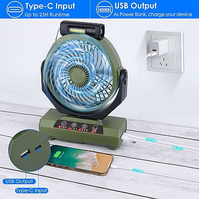 20000mAh Camping Fan with Flashlight, Rechargeable Oscillating Tent Fan & Power Bank with Remote & T