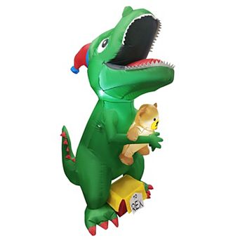 GOOSH 7 FT Christmas Inflatables Dinosaur T Rex with Xmas Hat Holding a Bear with Built-in LEDs