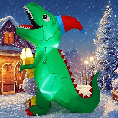 GOOSH 7 FT Christmas Inflatables Dinosaur T Rex with Xmas Hat Holding a Bear with Built-in LEDs