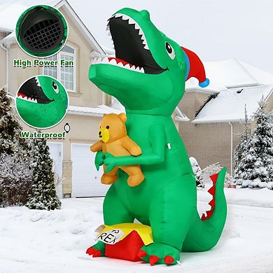GOOSH 7 FT Christmas Inflatables Dinosaur T Rex with Xmas Hat Holding a Bear with Built-in LEDs