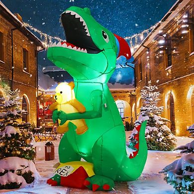 GOOSH 7 FT Christmas Inflatables Dinosaur T Rex with Xmas Hat Holding a Bear with Built-in LEDs