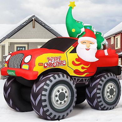 GOOSH 7.2 FT Inflatable Santa Monster Truck with Christmas Tree and LED Lights