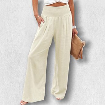 Women‘s Smocked Cotton Wide Leg Pants, Mid-Rise Distressed Casual Boho Lants for Spring Summer
