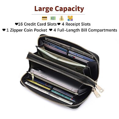 Women's Double Zipper Wallet with RFID Blocking, Large Capacity, Leather, Multiple Colors