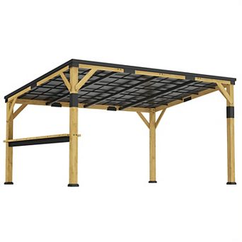 Outsunny 10ftx14' Wood Gazebo, Hardtop Lean-to Gazebo Pergola with Bar Shelf