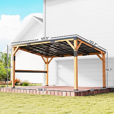 Outsunny 10ftx14ft Wood Gazebo, Hardtop Lean-to Gazebo Pergola with Bar Shelf