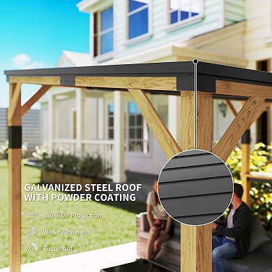 Outsunny 10ftx14ft Wood Gazebo, Hardtop Lean-to Gazebo Pergola with Bar Shelf