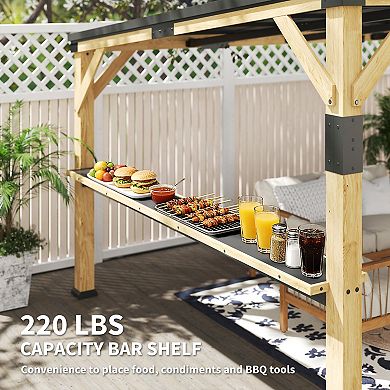 Outsunny 10ftx14ft Wood Gazebo, Hardtop Lean-to Gazebo Pergola with Bar Shelf