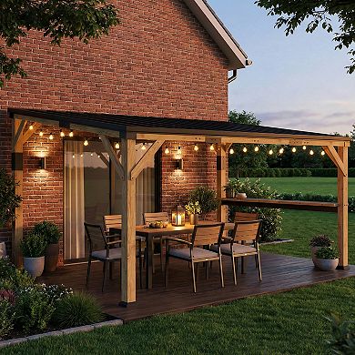 Outsunny 10ftx14ft Wood Gazebo, Hardtop Lean-to Gazebo Pergola with Bar Shelf