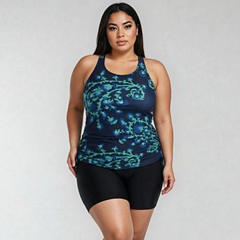 Women's Plus Maya Tankini Swim Top With Built-In Bra and Black Mid-Thigh Swim Shorts