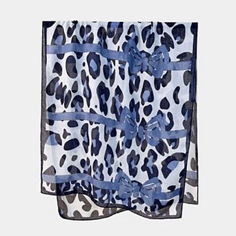 Women's Leopard Print Lightweight Scarf with Bow Accent Stripes and Sheer Draped Fabric