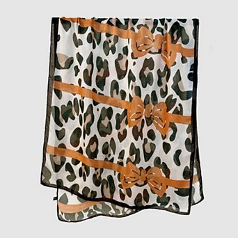Women's Leopard Print Lightweight Scarf with Bow Accent Stripes and Sheer Draped Fabric