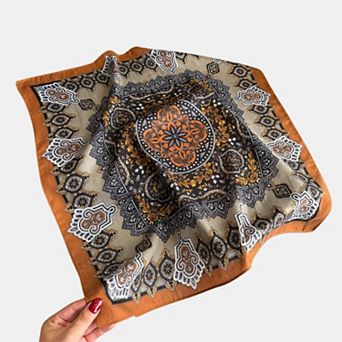 Women's Ornate Paisley Medallion Print Square Scarf with Decorative Border Detail