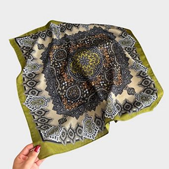 Women's Ornate Paisley Medallion Print Square Scarf with Decorative Border Detail