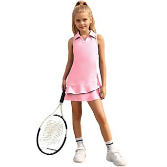 Girls' Athletic Tennis Dress Double Ruffle Hem with Built in Shorts Casual Polo Neck Sport Pocket