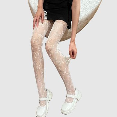 Women's 3-Piece Set Bow Pattern Tights with Stretch Knit Intricate Allover Detail and Sheer Finish