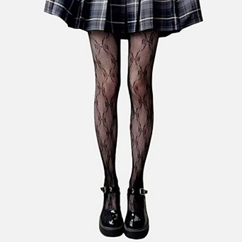 Women's 3 pc Set Bow Pattern Tights with Stretch Knit Intricate Allover Detail and Sheer Finish