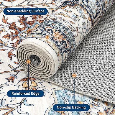Garvee Boho Area Rug, Washable Low Pile Rug with Non-Slip Backing, Vintage Floral Rugs