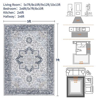 Garvee Boho Area Rug, Washable Low Pile Rug with Non-Slip Backing, Vintage Floral Rugs