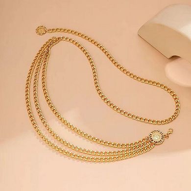 Women's Layered Chain Waist Belt with Triple Draped Links and Decorative Medallion Accents 35.5in