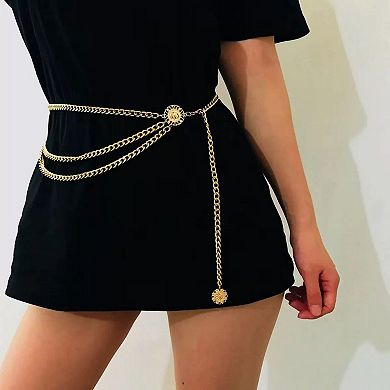 Women's Layered Chain Waist Belt with Triple Draped Links and Decorative Medallion Accents 35.5in