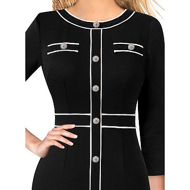 Womens Professional Work Buttons Patchwork Business Office Interview Party Cocktail Bodycon Fitted V