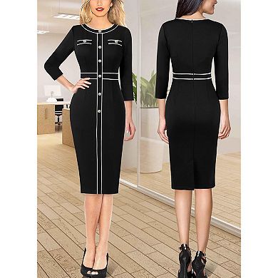 Womens Professional Work Buttons Patchwork Business Office Interview Party Cocktail Bodycon Fitted V