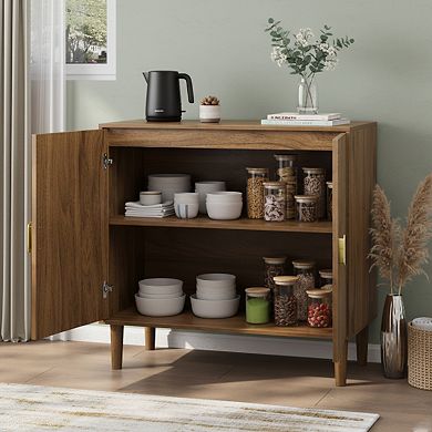 Homy Casa Walnut Buffet Cabinet with Line Groove Doors, Modern Storage Sideboard
