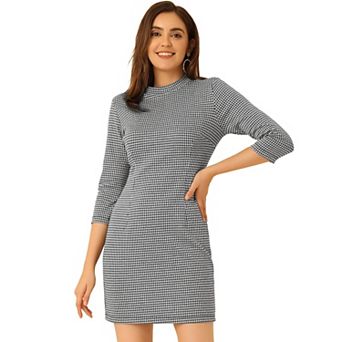 Women's Slim Fit Mock Neck Plaid Office Work Dress with 3/4 Sleeves