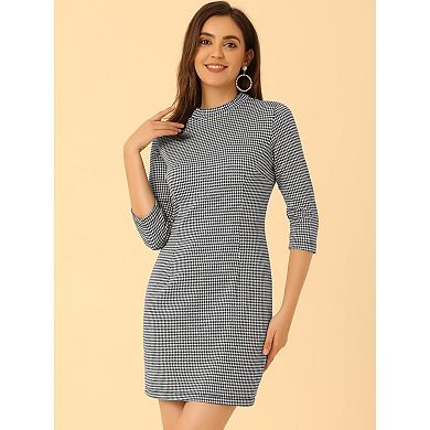 Women's Slim Fit Mock Neck Plaid Office Work Dress with 3/4 Sleeves