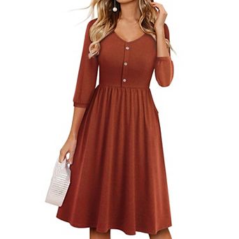 Fall Dresses For Women 3/4 Balloon Sleeve V Neck Button Down A-Line Casual Dress With Pockets