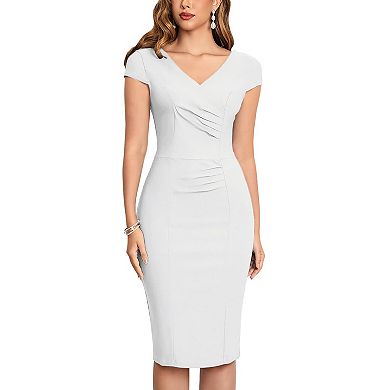 Womens Winter Solid Color Cap Sleeves Elegant Retro Sheath Business Pencil Dress
