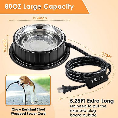 Heated Water Bowl with Thermostatic Control, 55W 80oz Removable Stainless Steel Heated Bowl