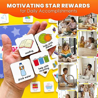 QUOKKA Chore Chart 72 Routine Magnets & Star Rewards for Kids 3+ Years Responsibility Schedule