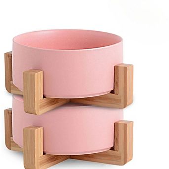 Dog Cat Bowl Ceramic Pink Pet Dish with Stand for Food and Water, Cute Pet Bowls Set